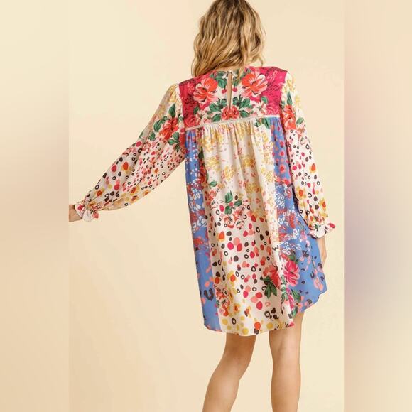 UMGEE Mixed Print Crochet Trim Dress Cream/Blue Floral Animal Print S Coquette - Picture 3 of 13